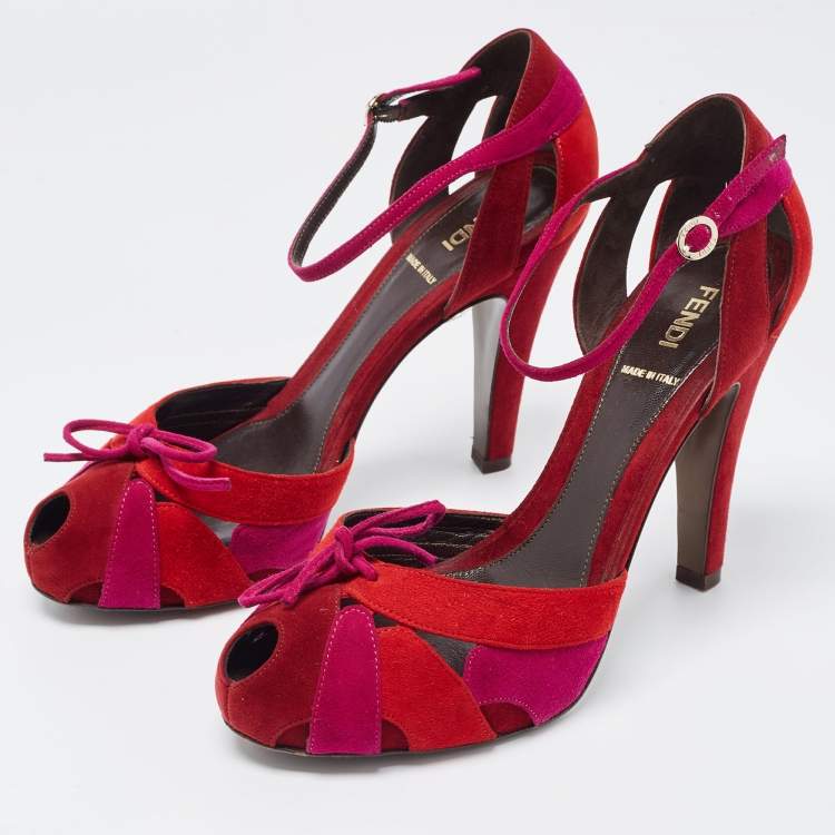 Pre Owned Fendi Tricolor Suede Bow Peep Toe D'orsay Ankle Strap Pumps Size 39
