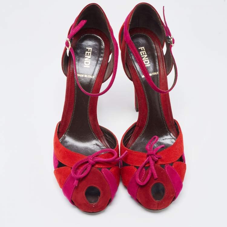 Pre Owned Fendi Tricolor Suede Bow Peep Toe D'orsay Ankle Strap Pumps Size 39