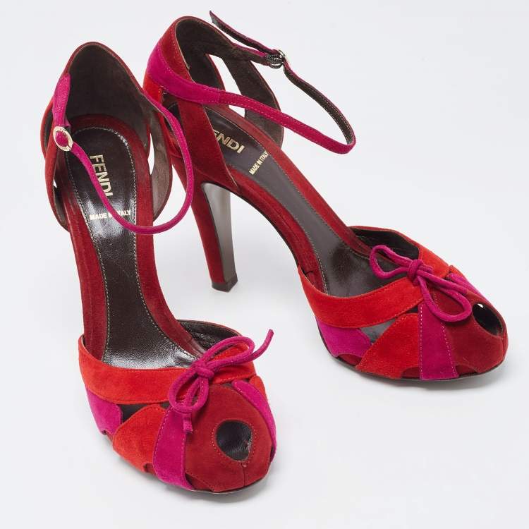 Pre Owned Fendi Tricolor Suede Bow Peep Toe D'orsay Ankle Strap Pumps Size 39