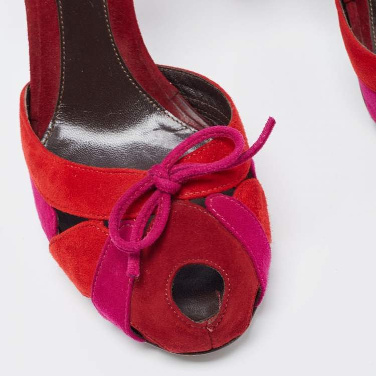 Pre Owned Fendi Tricolor Suede Bow Peep Toe D'orsay Ankle Strap Pumps Size 39