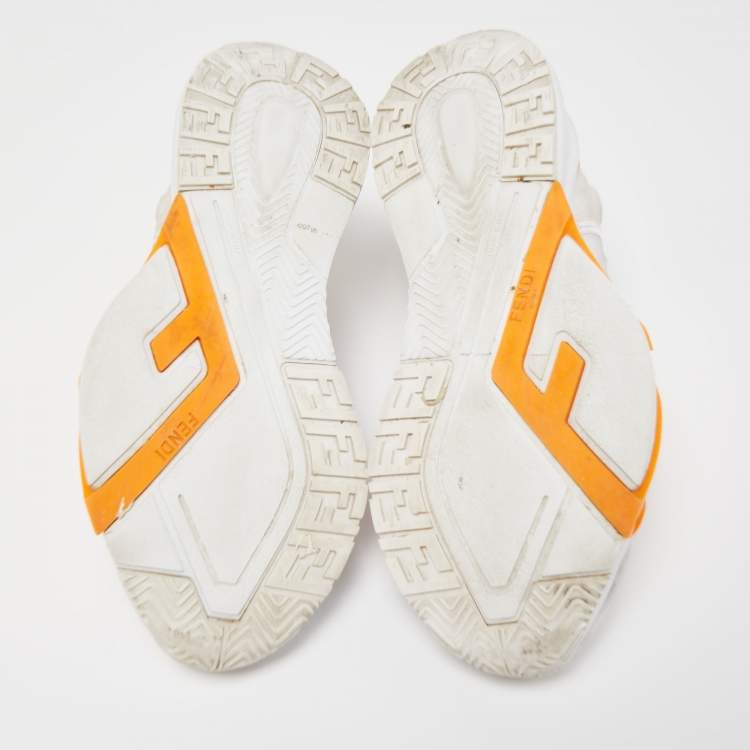 Pre Owned Fendi White/Orange Mesh and Suede Flow Sneakers Size 37