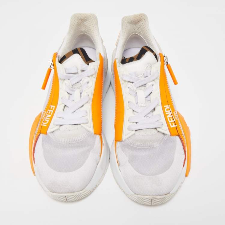 Pre Owned Fendi White/Orange Mesh and Suede Flow Sneakers Size 37