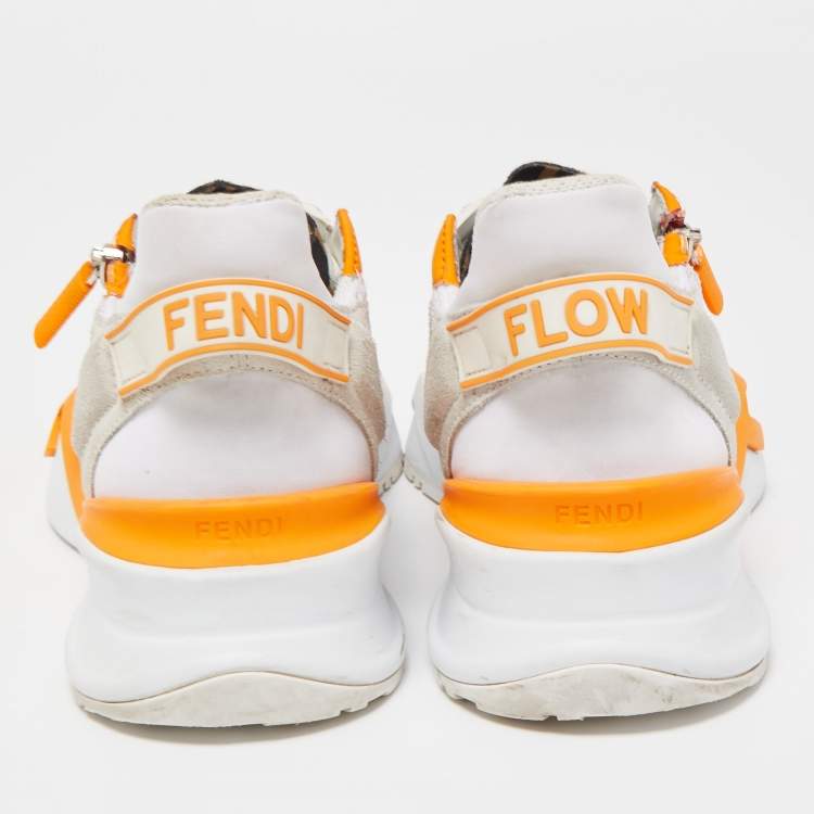 Pre Owned Fendi White/Orange Mesh and Suede Flow Sneakers Size 37