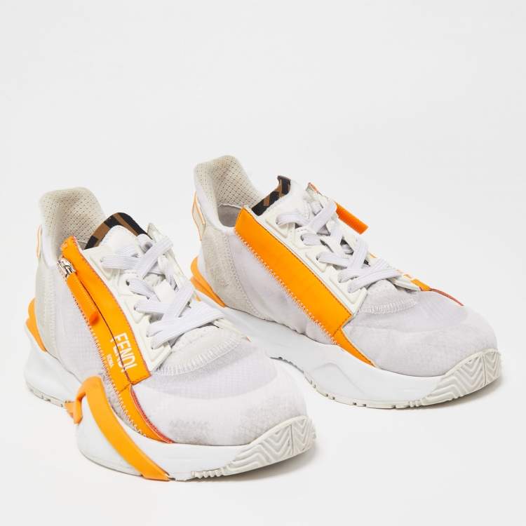 Pre Owned Fendi White/Orange Mesh and Suede Flow Sneakers Size 37