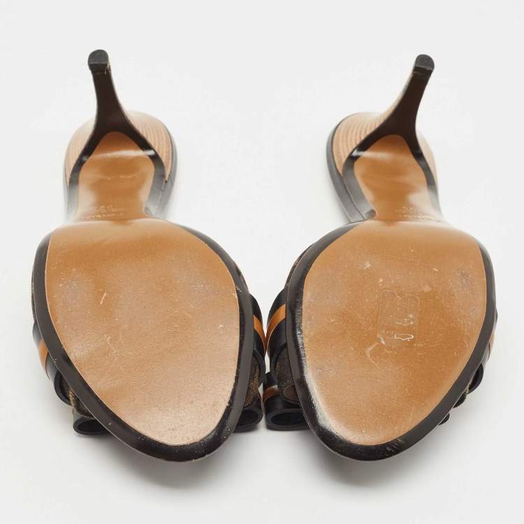 Pre Owned Fendi Brown Zucca Canvas And Leather Slide Sandals Size 38