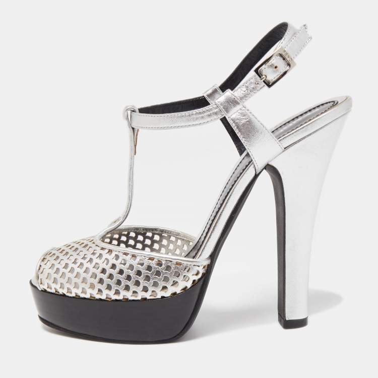 Pre Owned Fendi Metallic Silver Laser Cut Leather T-Strap Peep Toe Platform Sandals Size 40