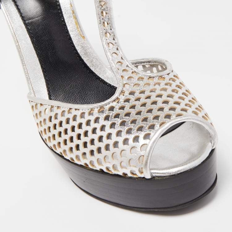 Pre Owned Fendi Metallic Silver Laser Cut Leather T-Strap Peep Toe Platform Sandals Size 40