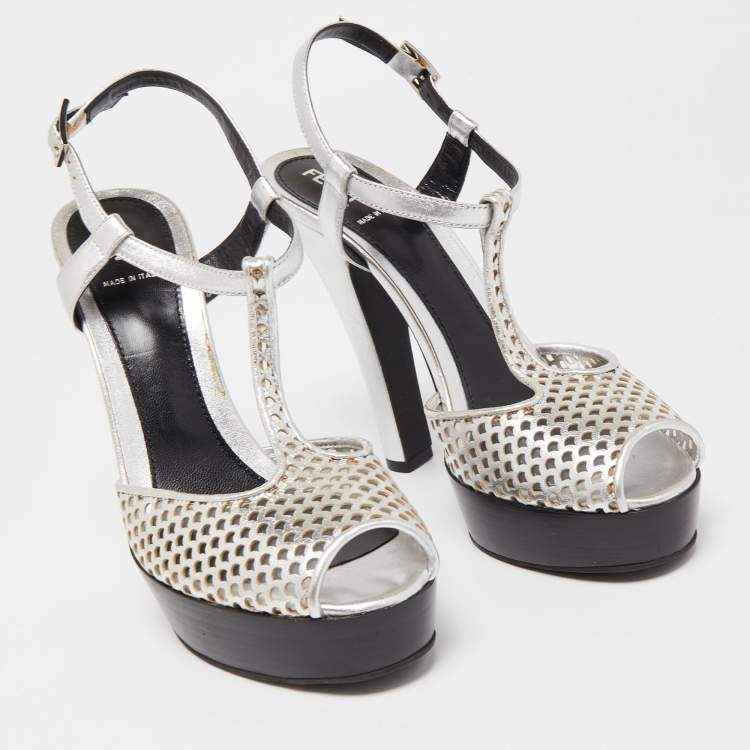 Pre Owned Fendi Metallic Silver Laser Cut Leather T-Strap Peep Toe Platform Sandals Size 40