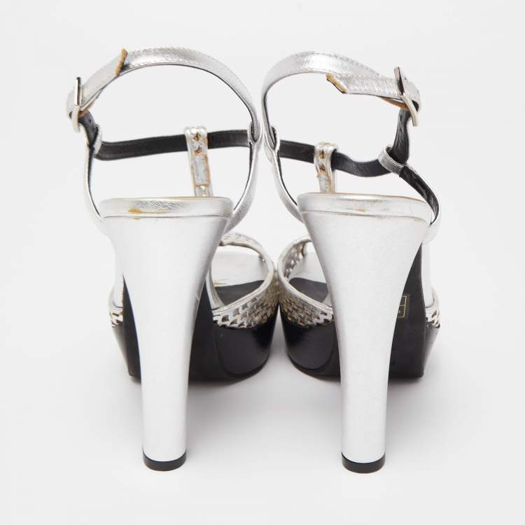 Pre Owned Fendi Metallic Silver Laser Cut Leather T-Strap Peep Toe Platform Sandals Size 40