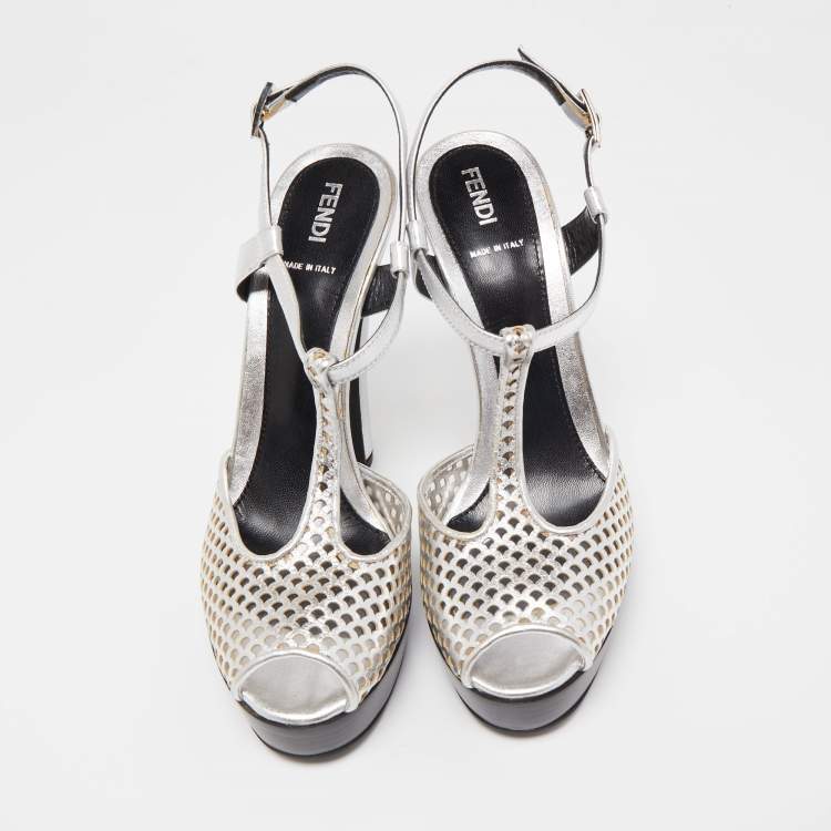 Pre Owned Fendi Metallic Silver Laser Cut Leather T-Strap Peep Toe Platform Sandals Size 40