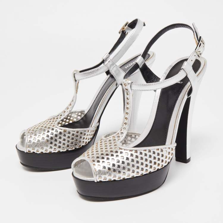 Pre Owned Fendi Metallic Silver Laser Cut Leather T-Strap Peep Toe Platform Sandals Size 40