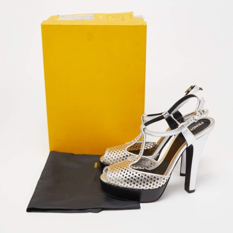 Pre Owned Fendi Metallic Silver Laser Cut Leather T-Strap Peep Toe Platform Sandals Size 40