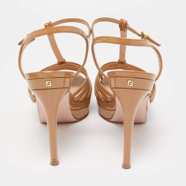 Pre Owned Fendi Beige Patent Leather Strappy Platform Sandals Size 38