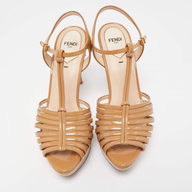 Pre Owned Fendi Beige Patent Leather Strappy Platform Sandals Size 38