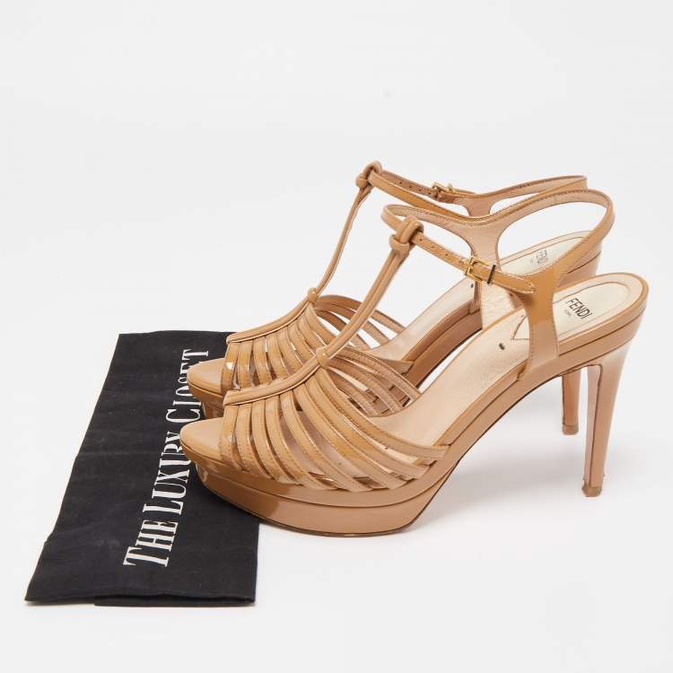Pre Owned Fendi Beige Patent Leather Strappy Platform Sandals Size 38