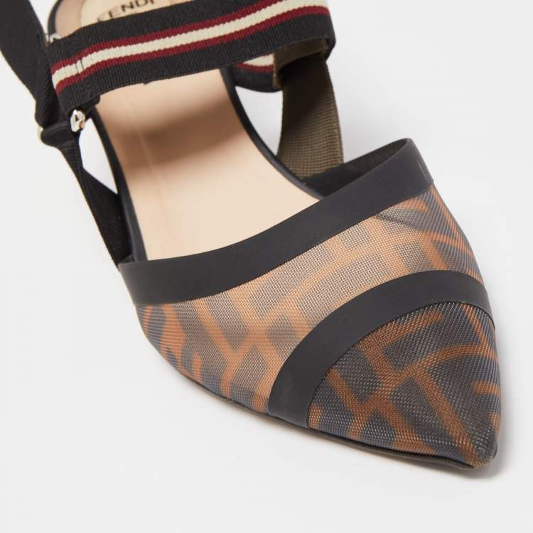 Pre Owned Fendi Black/Brown Zucca Mesh and Canvas Colibri Slingback Pumps Size 41