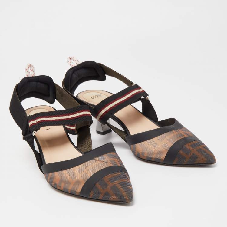 Pre Owned Fendi Black/Brown Zucca Mesh and Canvas Colibri Slingback Pumps Size 41