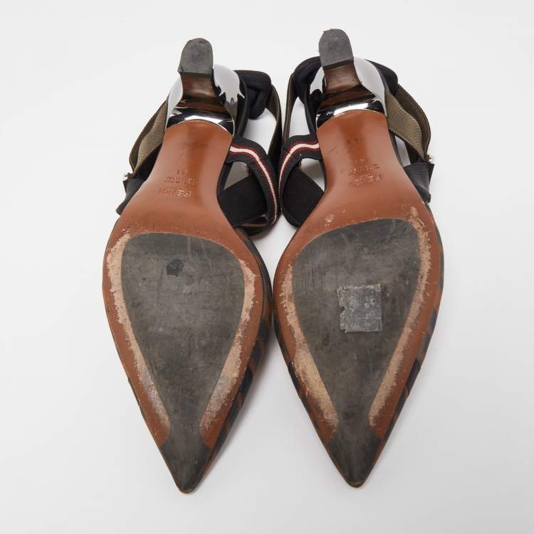Pre Owned Fendi Black/Brown Zucca Mesh and Canvas Colibri Slingback Pumps Size 41