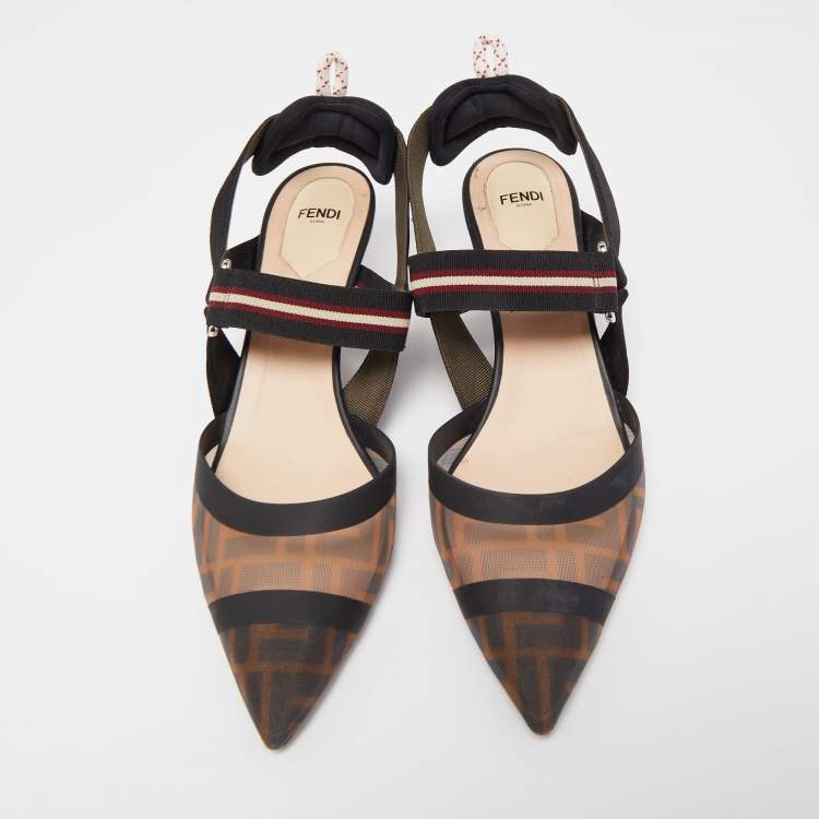 Pre Owned Fendi Black/Brown Zucca Mesh and Canvas Colibri Slingback Pumps Size 41
