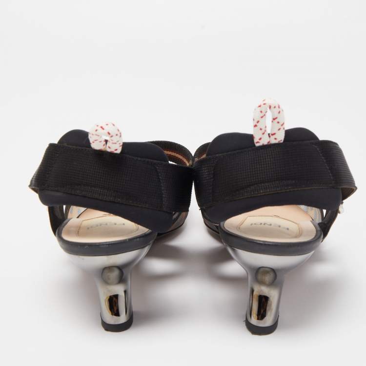 Pre Owned Fendi Black/Brown Zucca Mesh and Canvas Colibri Slingback Pumps Size 41