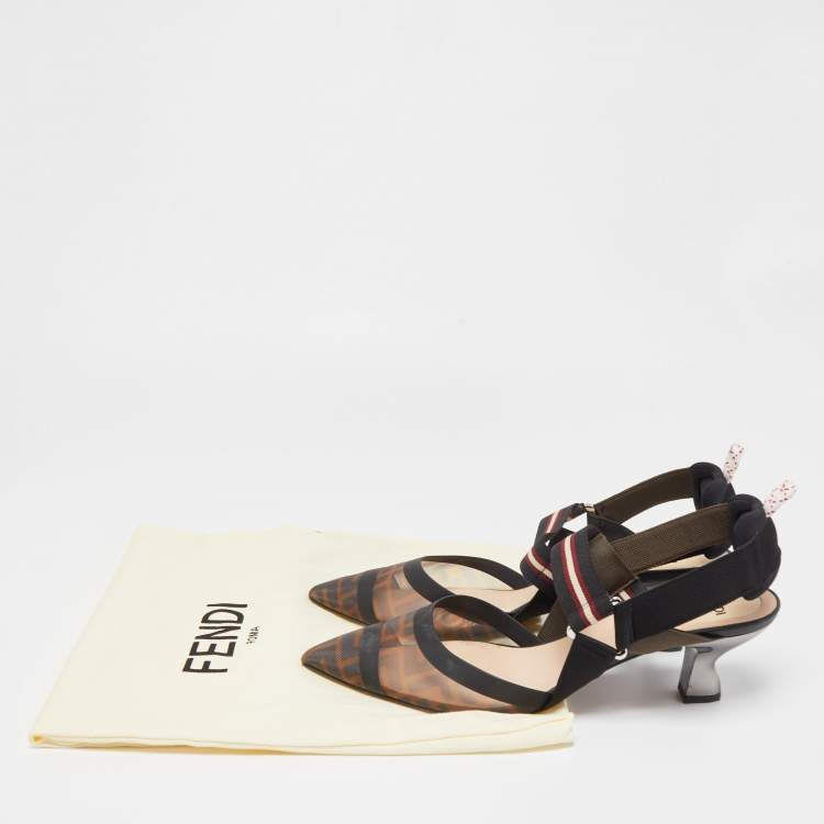 Pre Owned Fendi Black/Brown Zucca Mesh and Canvas Colibri Slingback Pumps Size 41