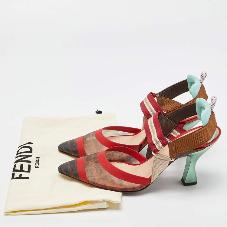 مملوكة مسبقًا Fendi Brown/Red Mesh and Canvas Colibri Slingback Pumps Size 39