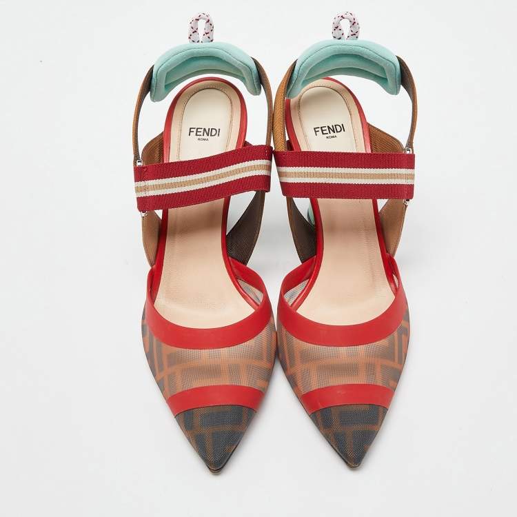 مملوكة مسبقًا Fendi Brown/Red Mesh and Canvas Colibri Slingback Pumps Size 39