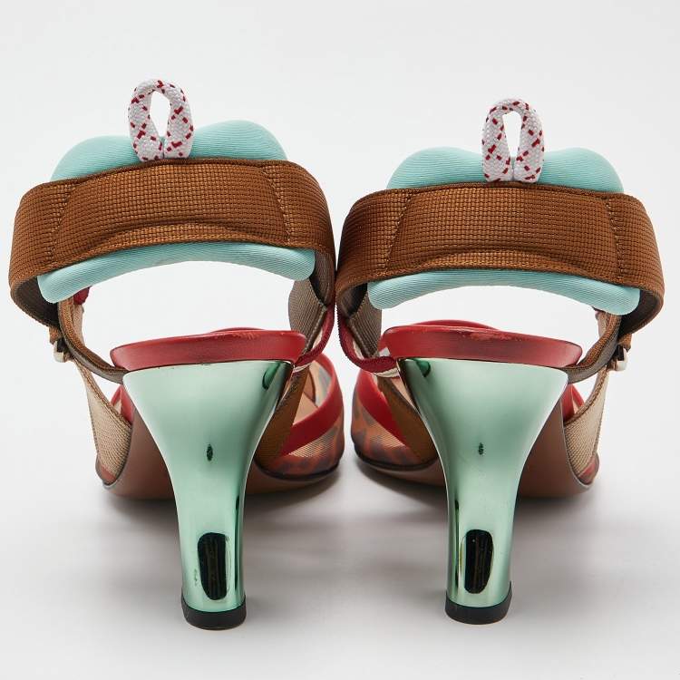 مملوكة مسبقًا Fendi Brown/Red Mesh and Canvas Colibri Slingback Pumps Size 39