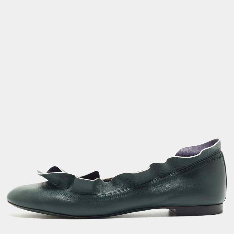 Pre Owned Fendi Green/Blue Leather Ruffle Detail Ballet Flats Size 38.5