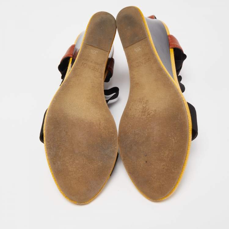 Pre Owned Fendi Brown/Yellow Lizard Embossed  Leather T-Strap Espadrille Wedge Sandals Size 38.5