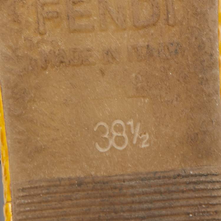 Pre Owned Fendi Brown/Yellow Lizard Embossed  Leather T-Strap Espadrille Wedge Sandals Size 38.5