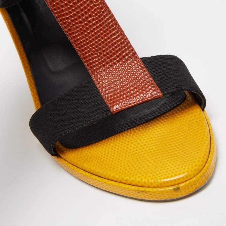 Pre Owned Fendi Brown/Yellow Lizard Embossed  Leather T-Strap Espadrille Wedge Sandals Size 38.5