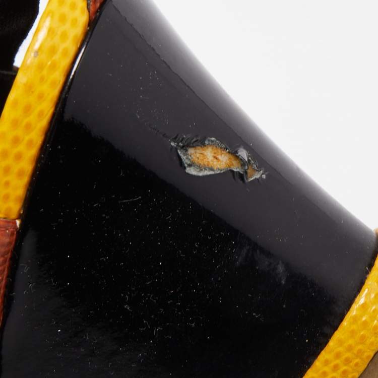 Pre Owned Fendi Brown/Yellow Lizard Embossed  Leather T-Strap Espadrille Wedge Sandals Size 38.5