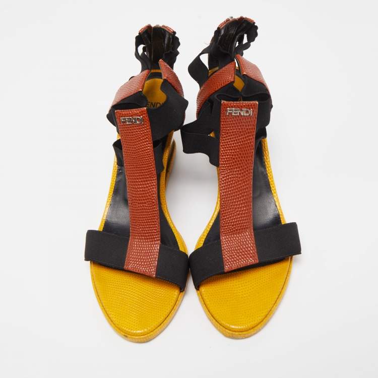 Pre Owned Fendi Brown/Yellow Lizard Embossed  Leather T-Strap Espadrille Wedge Sandals Size 38.5