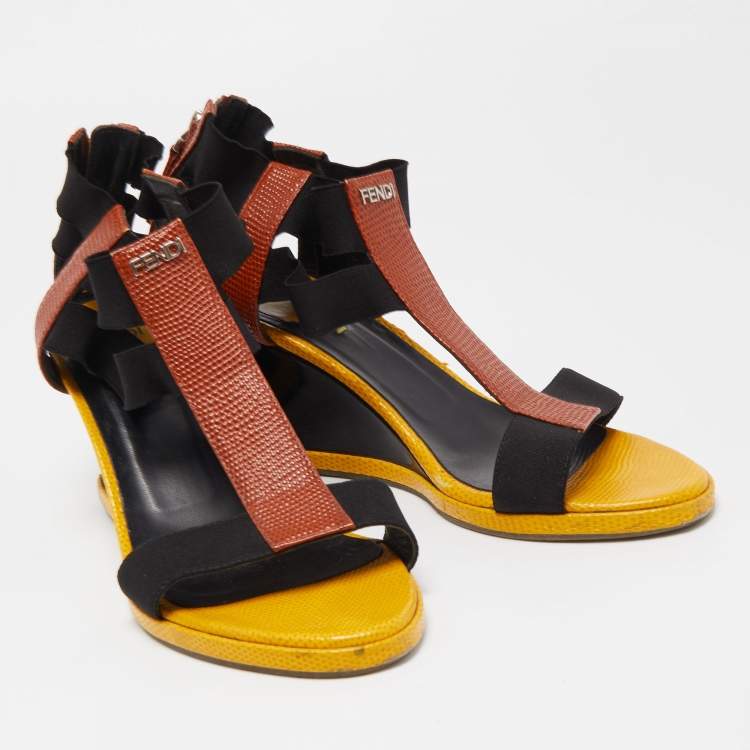 Pre Owned Fendi Brown/Yellow Lizard Embossed  Leather T-Strap Espadrille Wedge Sandals Size 38.5
