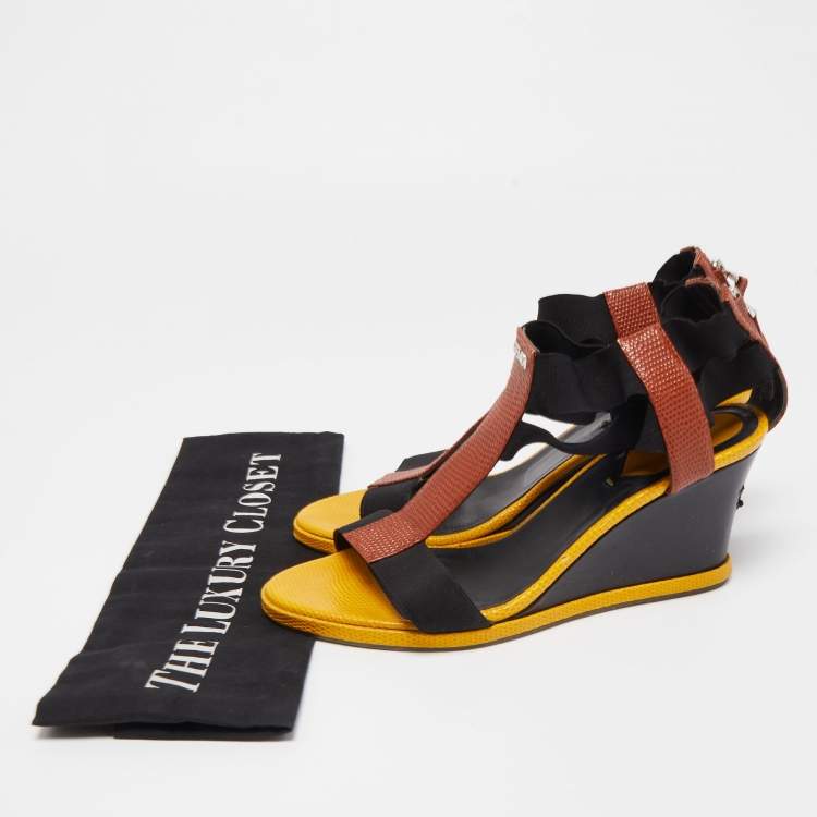 Pre Owned Fendi Brown/Yellow Lizard Embossed  Leather T-Strap Espadrille Wedge Sandals Size 38.5