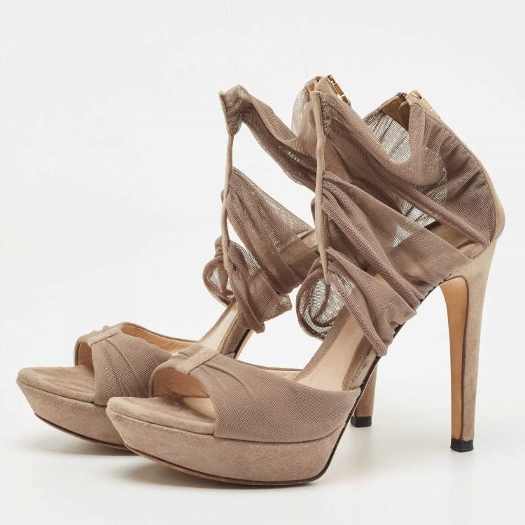 Pre Owned Fendi Beige Grey Suede and Mesh Ankle Strap Sandals Size 36.5