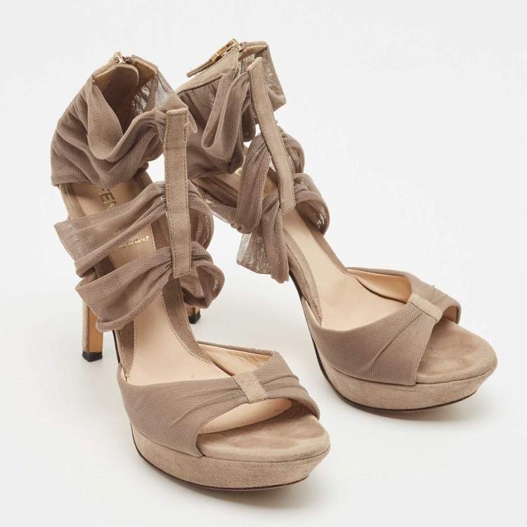 Pre Owned Fendi Beige Grey Suede and Mesh Ankle Strap Sandals Size 36.5