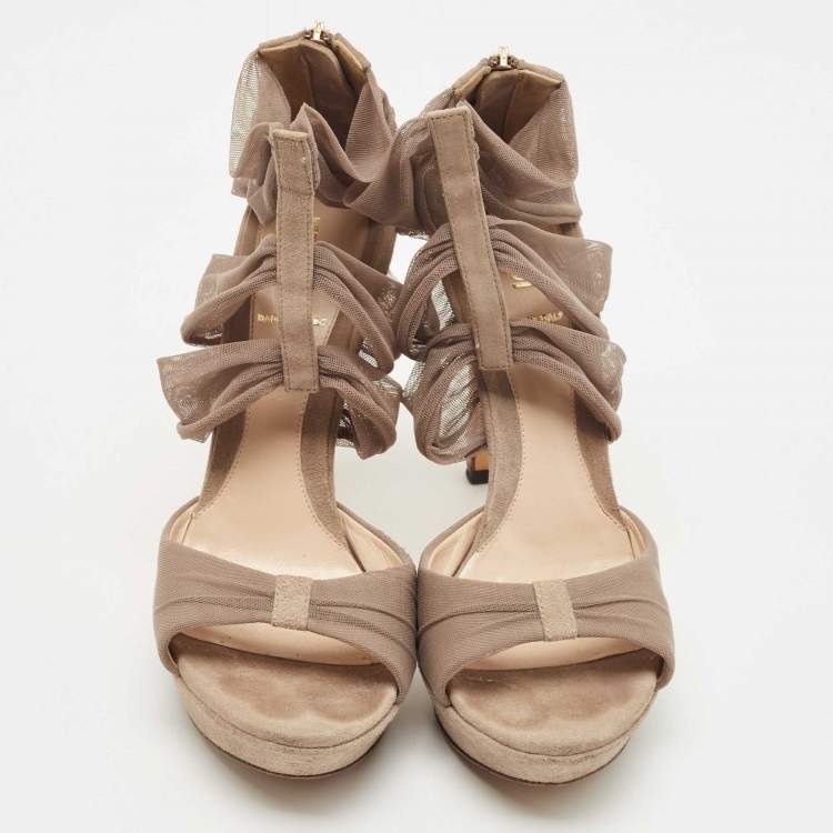 Pre Owned Fendi Beige Grey Suede and Mesh Ankle Strap Sandals Size 36.5
