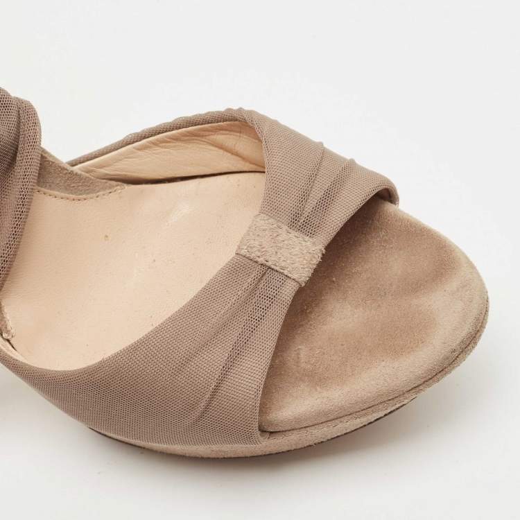 Pre Owned Fendi Beige Grey Suede and Mesh Ankle Strap Sandals Size 36.5