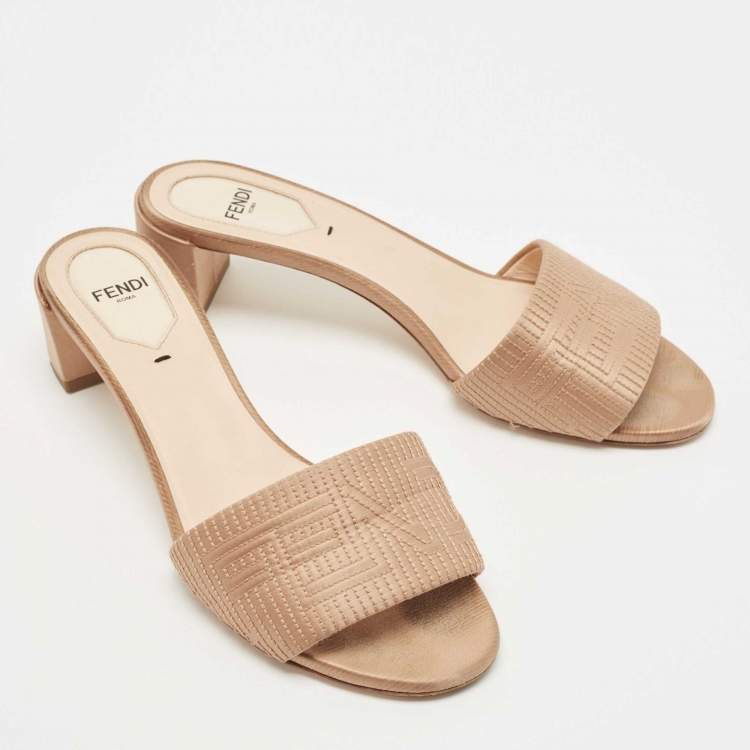 Pre Owned Fendi Beige Satin Logo Slides Size 37.5