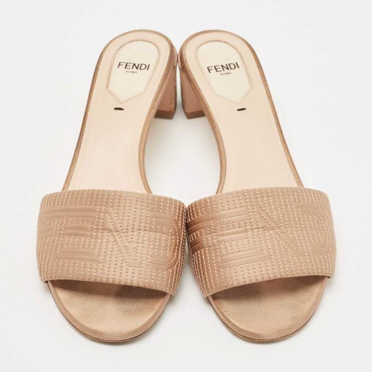 Pre Owned Fendi Beige Satin Logo Slides Size 37.5
