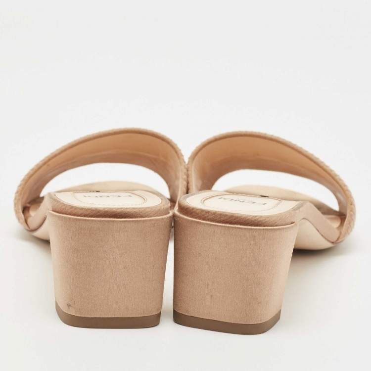 Pre Owned Fendi Beige Satin Logo Slides Size 37.5