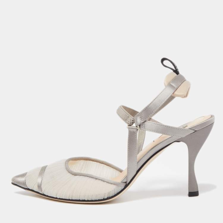 Fendi Grey Satin and Net Colibri Lite Slingback Pumps Size