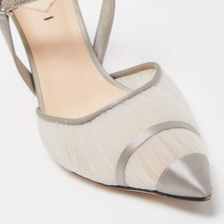 Pre Owned Fendi Grey Satin and Net Colibri Lite Slingback Pumps Size 37