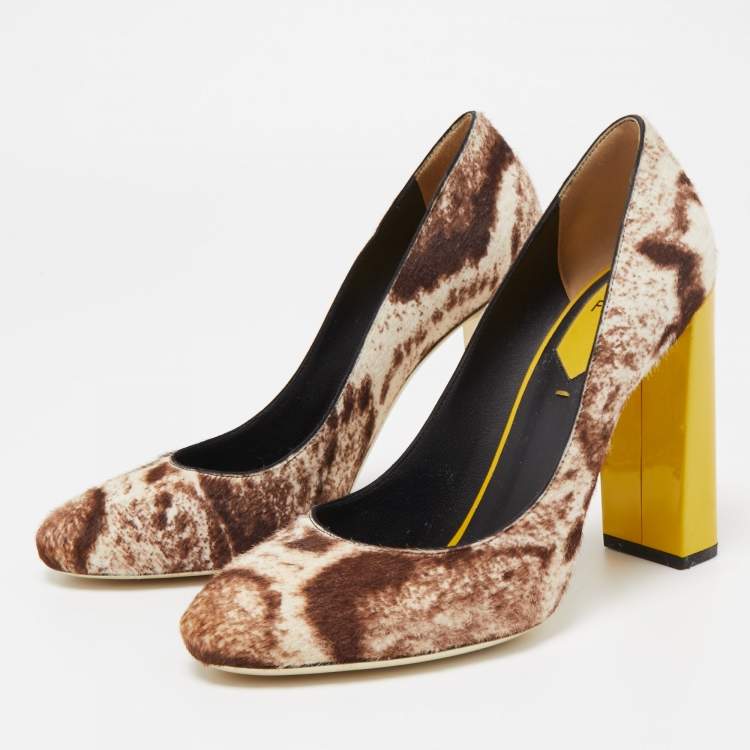 Pre Owned Fendi Brown/White Calf Hair Round Toe Pumps Size 39
