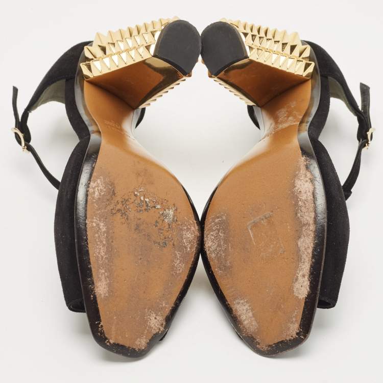 Pre Owned Fendi Black/Gold Suede And Embossed Leather Studded Heel T-Strap Sandals Size 38