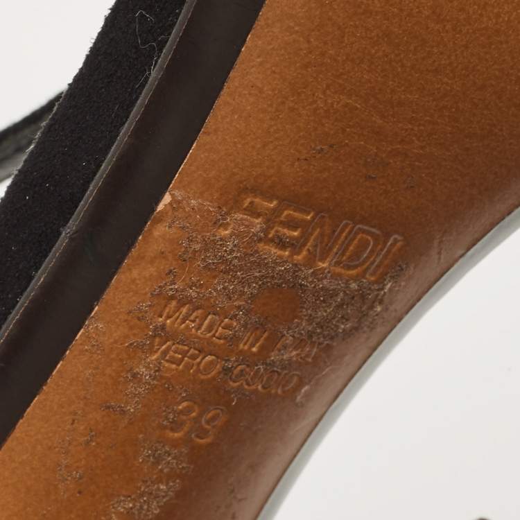 Pre Owned Fendi Black/Gold Suede And Embossed Leather Studded Heel T-Strap Sandals Size 38