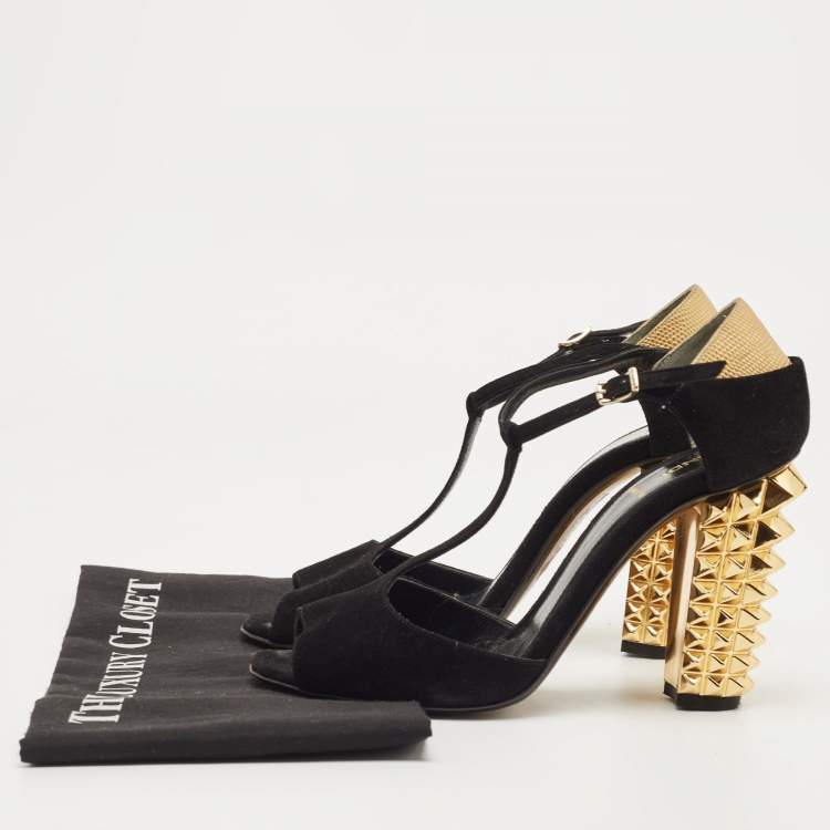 Pre Owned Fendi Black/Gold Suede And Embossed Leather Studded Heel T-Strap Sandals Size 38