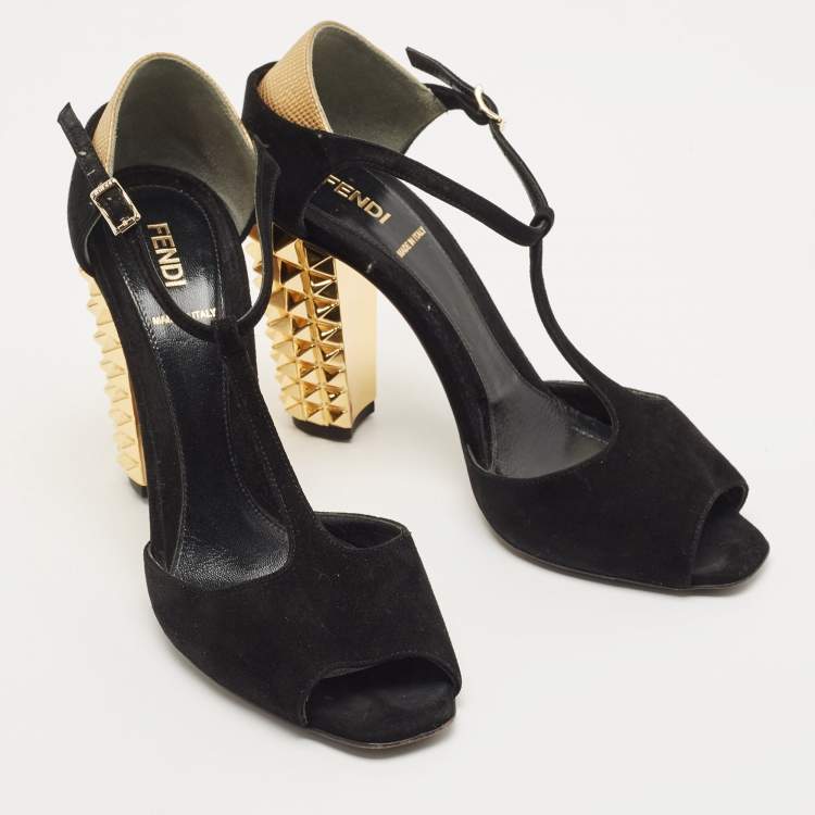 Pre Owned Fendi Black/Gold Suede And Embossed Leather Studded Heel T-Strap Sandals Size 38
